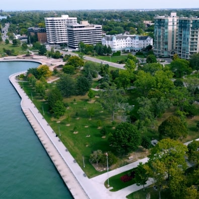 Aerial view of Lakeshore waterfront and high-rise buildings